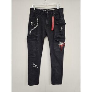 Reason MS-10 Jeans Mens 32x30 Black Skinny Cargo Punk Rock Pants Streetwear